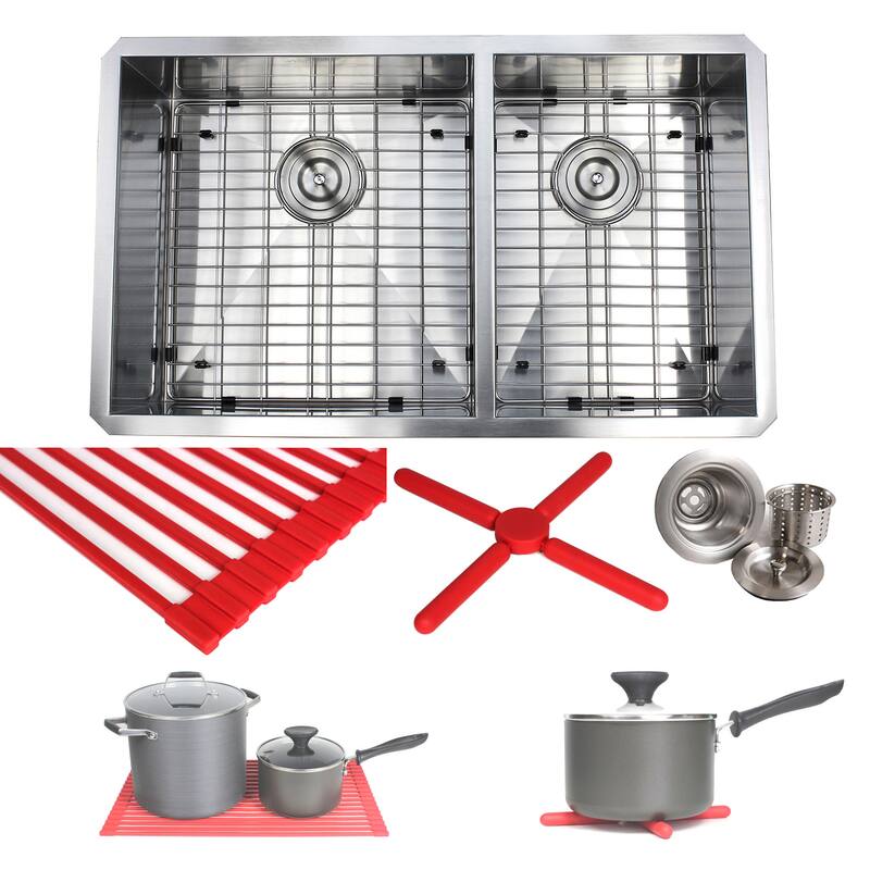 32-inch Stainless Steel Double Bowl 60/40 Zero Radius 16 Gauge Undermount Kitchen Sink Complete Combo Accessories