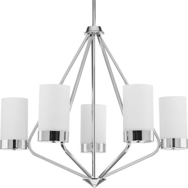 Progress Lighting Elevate Collection 5-Light Polished Chrome Etched White Glass Mid-Century Modern Chandelier Light