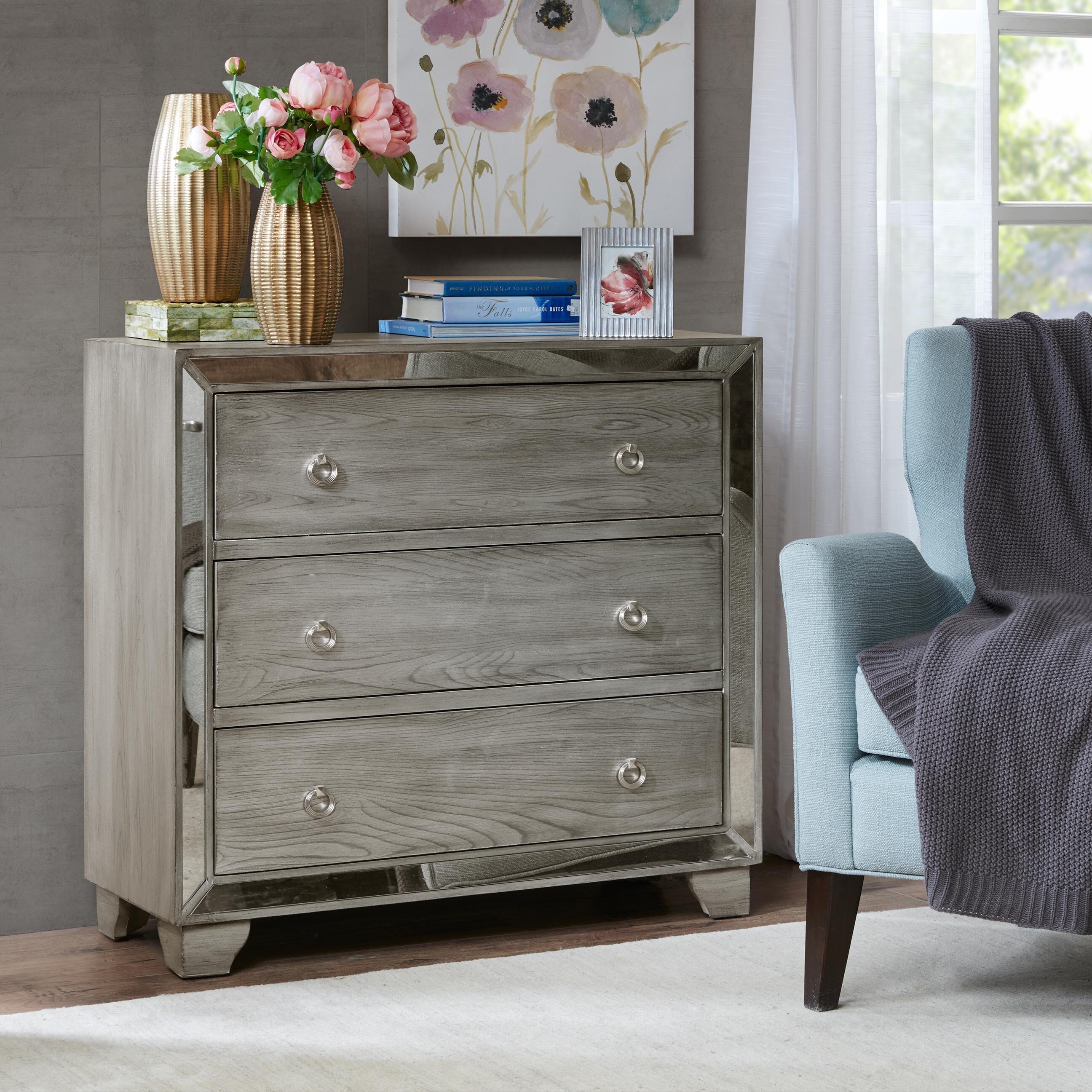 Shop Madison Park Amelia Reclaimed Grey 3 Drawer Mirrored Chest