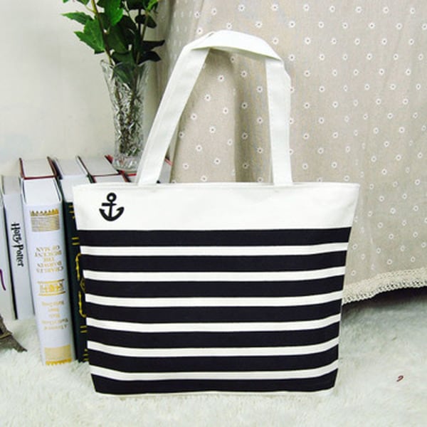 black and white striped beach bag