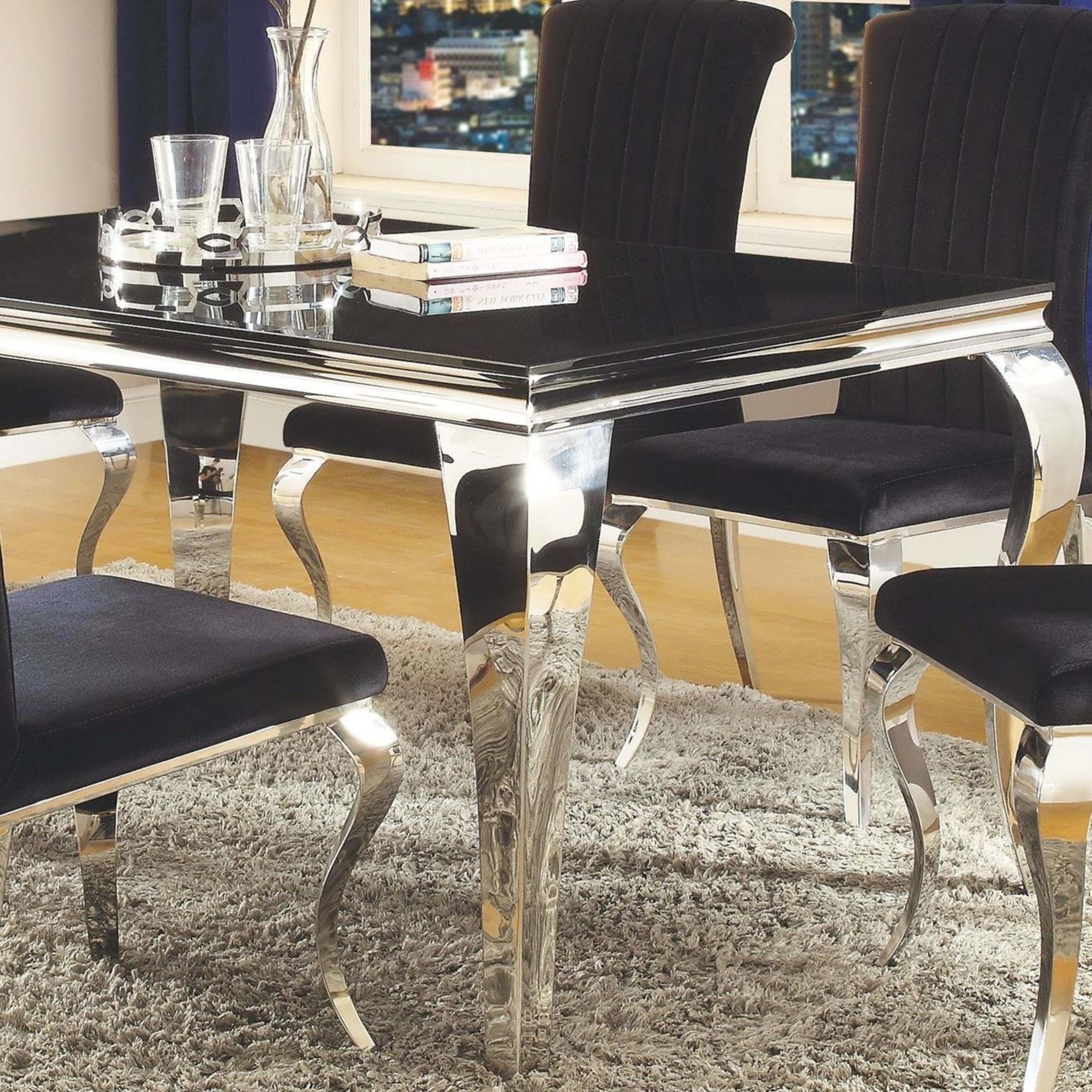 Cabriole Design Black Tampered Glass Top Dining Table Silver