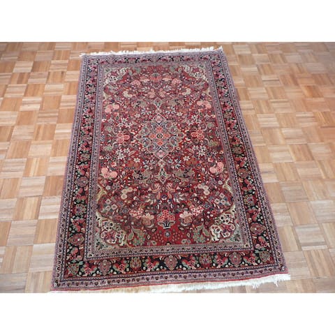 Hand Knotted Red Fine Sarouk with Wool Oriental Rug - 4'4 x 6'8