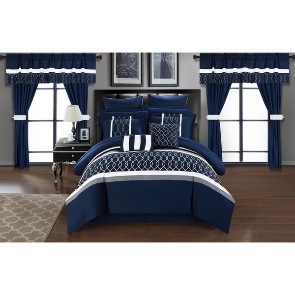 好きに Navy Applique Embroidered Lance Den  特別価格Porch Microfiber Ba好評販売中 a in  Bed 24-Piece カバー、シーツセット