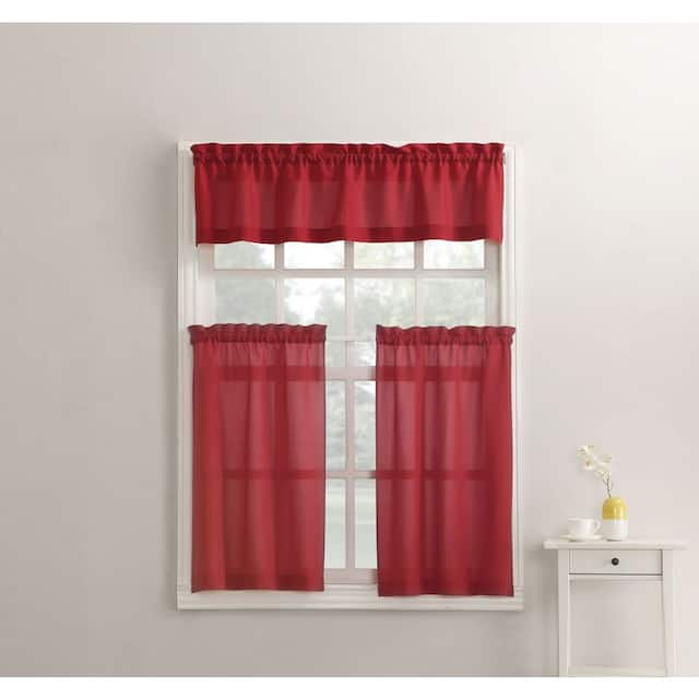 No. 918 Martine Microfiber Semi-Sheer Rod Pocket Kitchen Curtain Valance and Tiers Set - 54"x24" - Red