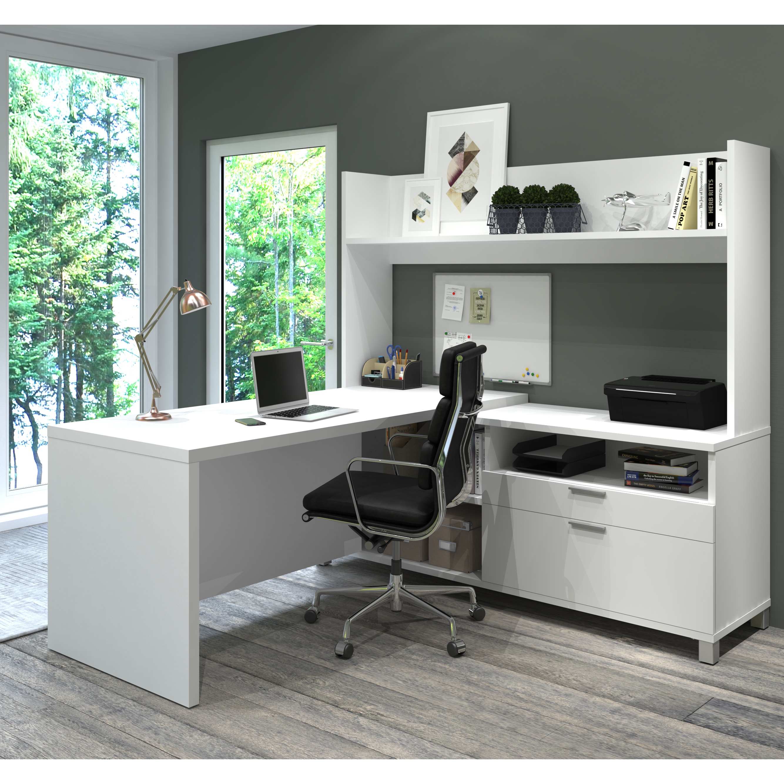 Bestar Pro-Linea 72W L-Shaped Desk with Single Shelf Hutch