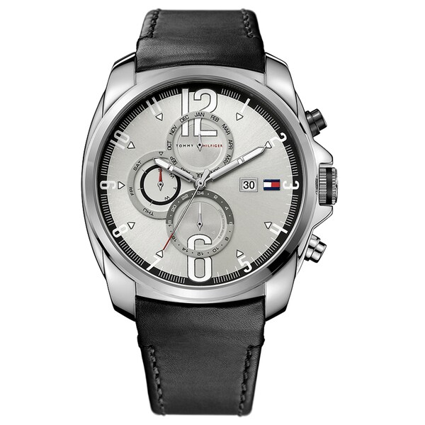 BRAND NEW TOMMY HILFIGER 1790833 BLACK LEATHER STRAP SILVER CHRONO MEN