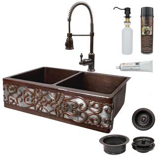Handmade Scrolling Farmhouse Double Basin Kitchen Sink Package (Mexico)