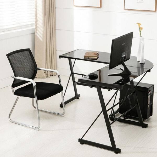 Porch & Den Champlain Glass L-shaped PC Laptop Computer Desk w/Keyboard Tray