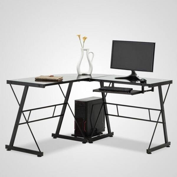 Porch & Den Champlain Glass L-shaped PC Laptop Computer Desk w/Keyboard Tray