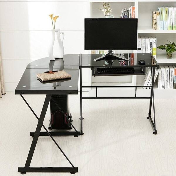 Porch & Den Champlain Glass L-shaped PC Laptop Computer Desk w/Keyboard Tray