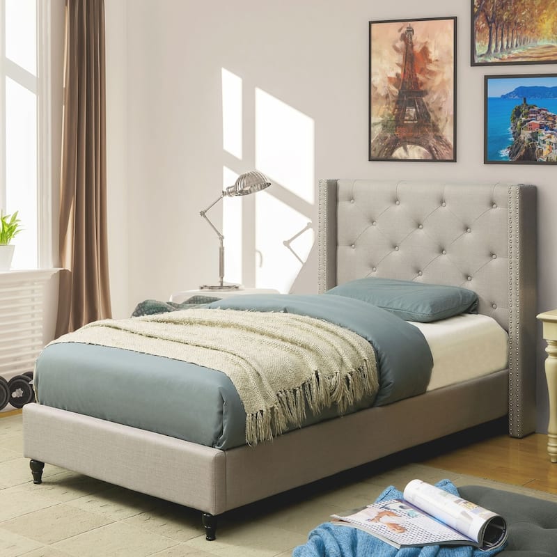 Ralen Transitional Linen-like Upholstered Tufted Nailhead Trim Platform Bed by Furniture of America