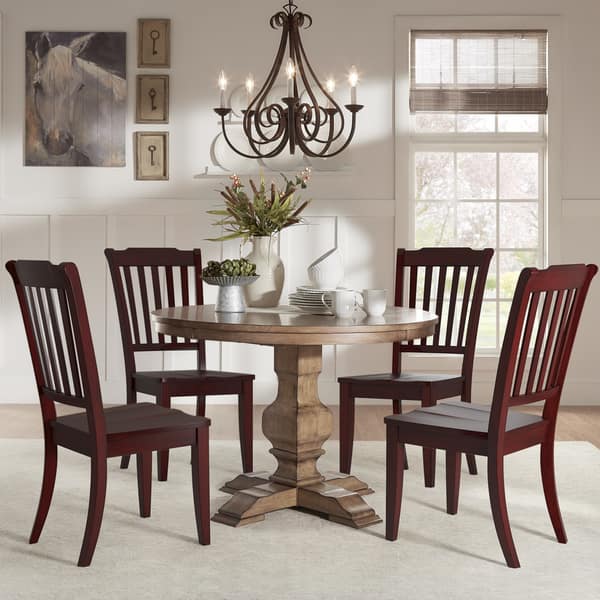 Eleanor Oak Round Solid Wood Top And Slat Back Chairs 5 Piece Dining Set By Inspire Q Classic Overstock 14542780 Berry Red Chairs Oak Table