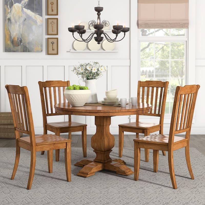 Eleanor Oak Round Solid Wood Top and Slat Back Chairs 5-piece Dining Set by iNSPIRE Q Classic