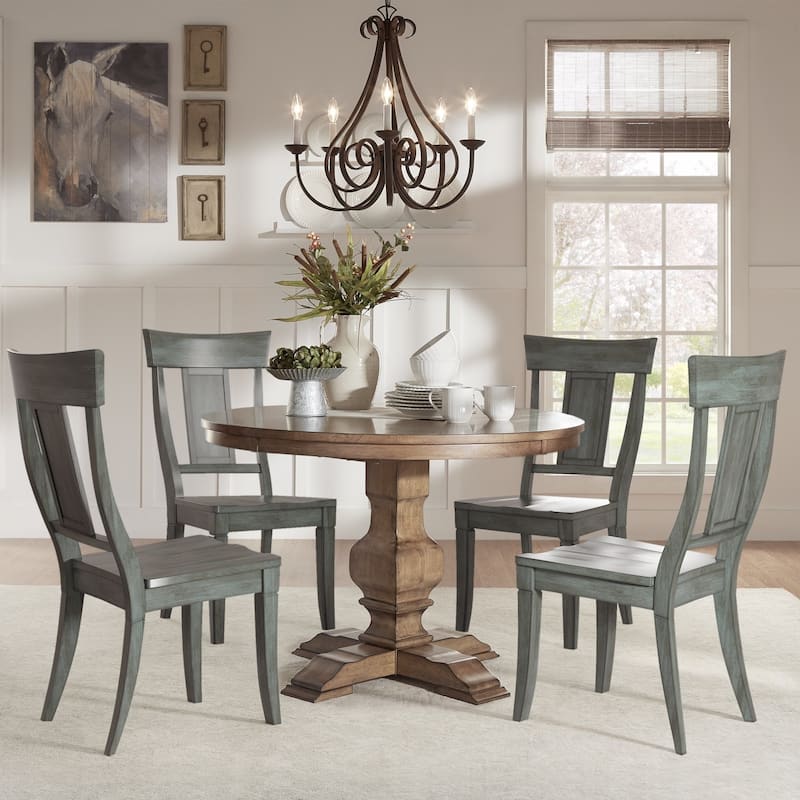 Eleanor Oak Round Solid Wood Table and Panel Back Chairs 5-piece Dining Set by iNSPIRE Q Classic - Oak Table - Antique Grey Chairs