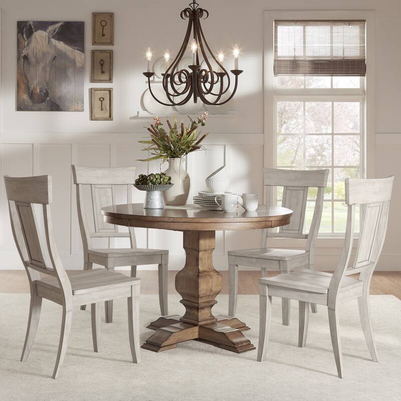 Eleanor Oak Round Solid Wood Table and Panel Back Chairs 5-piece Dining Set by iNSPIRE Q Classic - Oak Table - Antique White Chairs