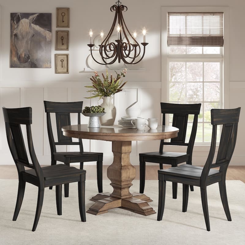 Eleanor Oak Round Solid Wood Table and Panel Back Chairs 5-piece Dining Set by iNSPIRE Q Classic - Oak Table - Antique Black Chairs