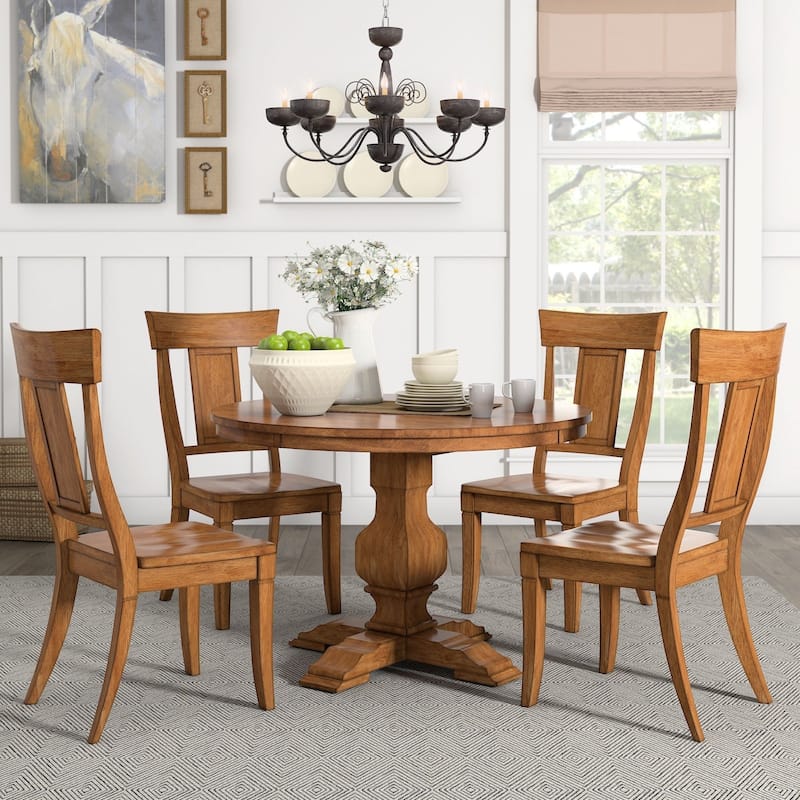 Eleanor Oak Round Solid Wood Table and Panel Back Chairs 5-piece Dining Set by iNSPIRE Q Classic - Oak Table - Oak Chairs