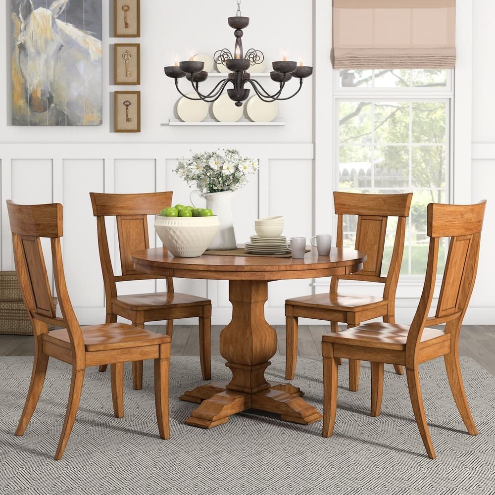 Eleanor Oak Round Solid Wood Table and Panel Back Chairs 5-piece Dining Set by iNSPIRE Q Classic
