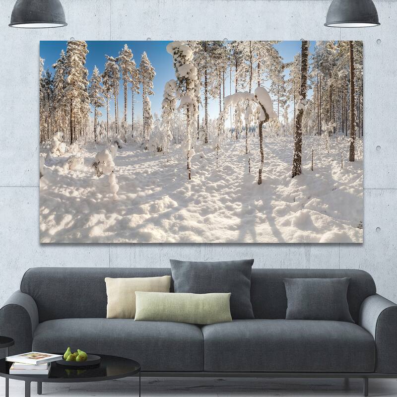 Designart "Winter Snow Covered Wood" Modern Landscpae Wall Art - Multi-color - 32 in. wide x 16 in. high