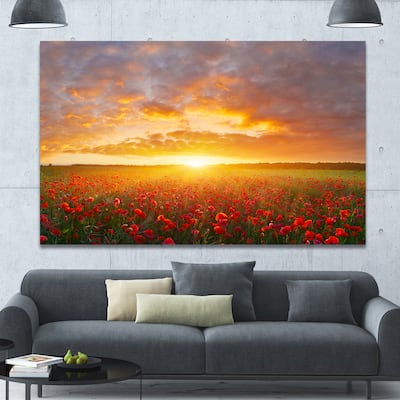 Designart "Poppy Field under Bright Sunset" Modern Landscpae Wall Art - Multi-color
