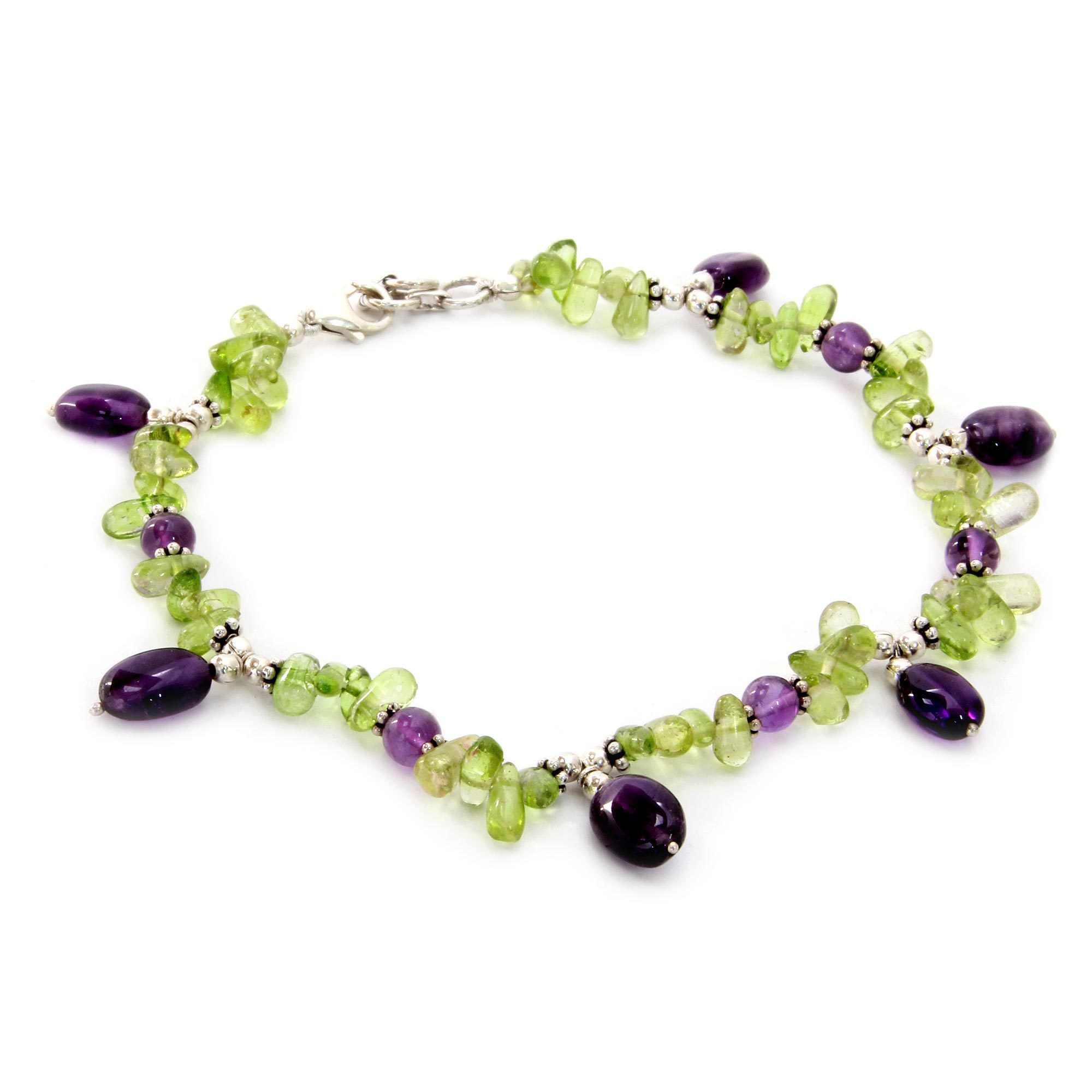 14K White Gold Anklet Bracelet with Purple Amethyst Gemstones 10 Inches
