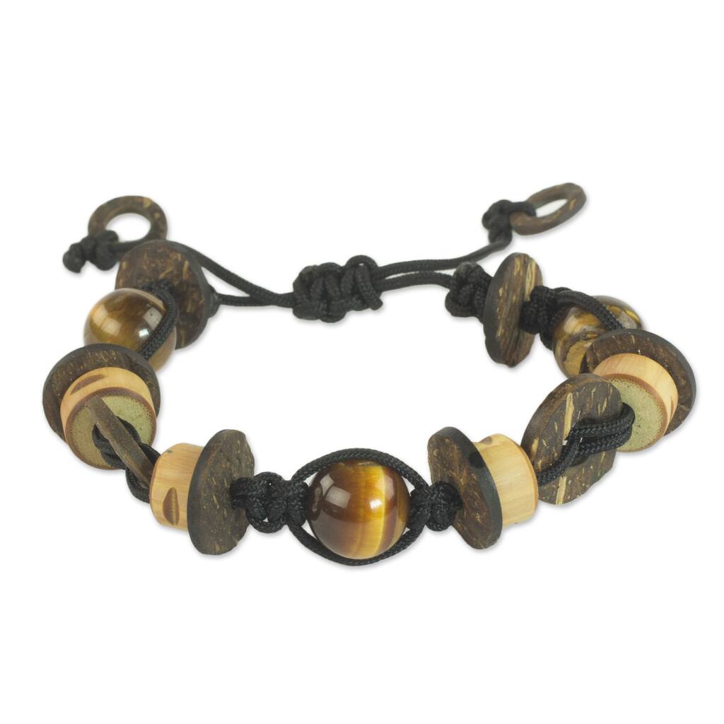 Handmade Tiger's Eye and Wood Beaded Bracelet, 'Viva' (Ghana)