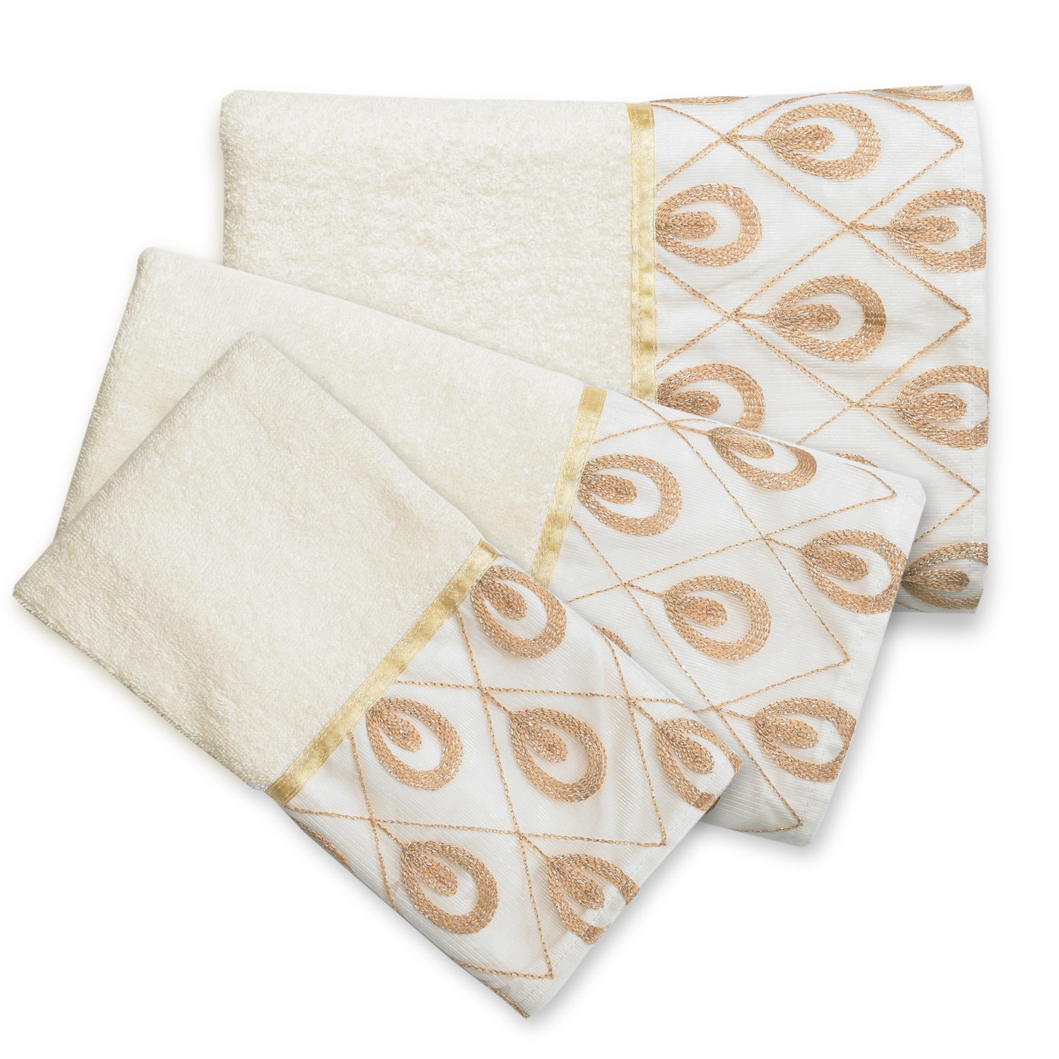 beige patterned bath towels