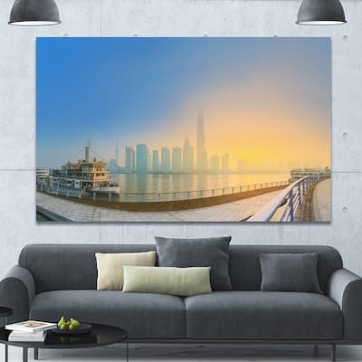 Designart "Shanghais Night with Lights" Modern Cityscape Wall Art - Multi-color