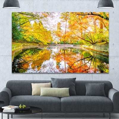 Designart "Bright Fall Forest with River" Extra Large Landscape Canvas Art Print - Multi-color