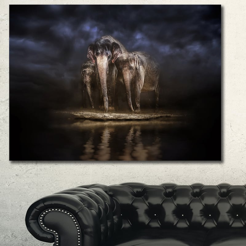 Designart "Elephants Watering in the River " Animal Canvas Wall Art