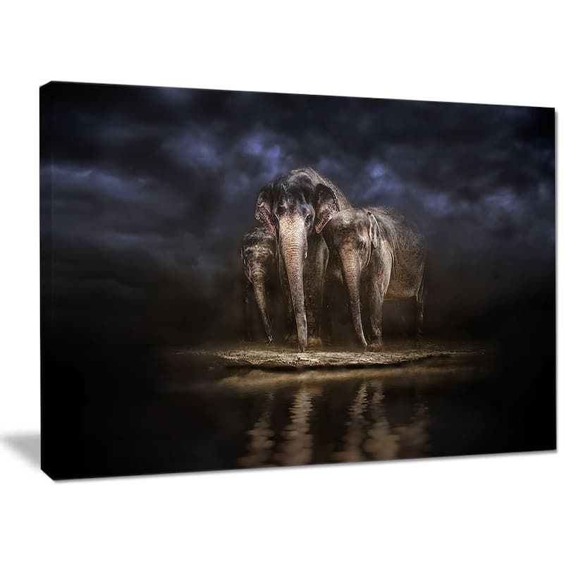 Designart "Elephants Watering in the River " Animal Canvas Wall Art