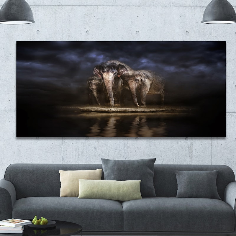 Designart "Elephants Watering in the River " Animal Canvas Wall Art