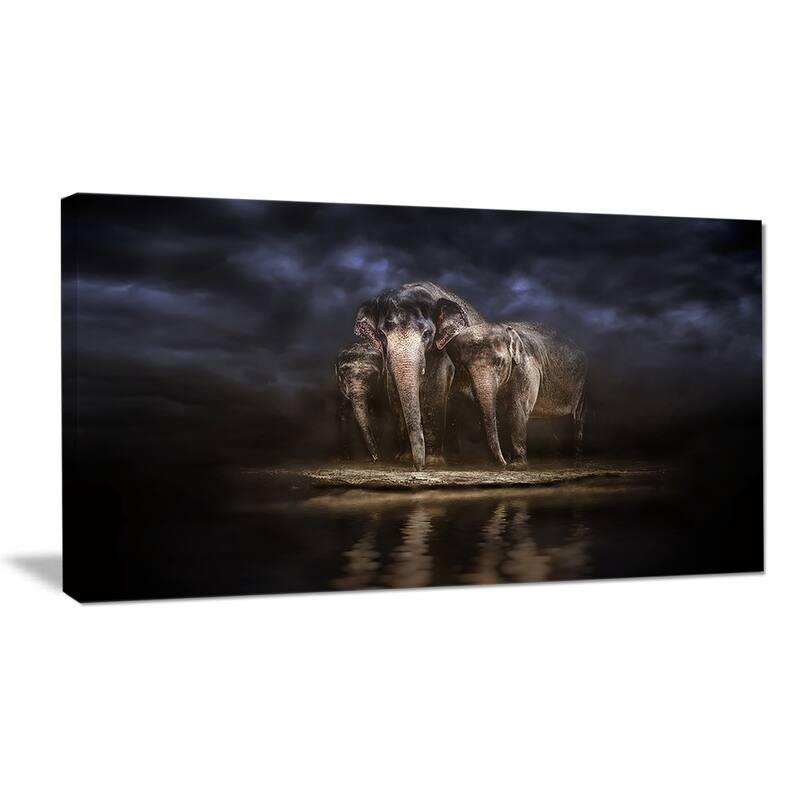 Designart "Elephants Watering in the River " Animal Canvas Wall Art