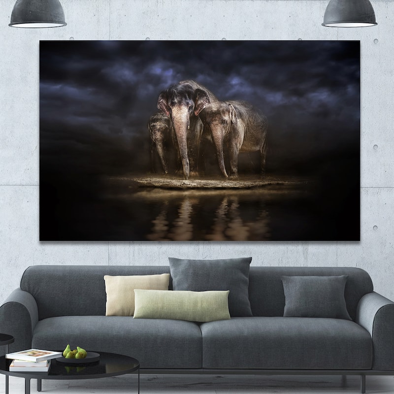 Designart "Elephants Watering in the River " Animal Canvas Wall Art