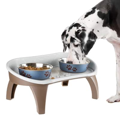 Petmaker Elevated Pet Dog Bowl Stand - White/Brown Non-Skid Feeding Tray - 21" x 11" x 8.5"