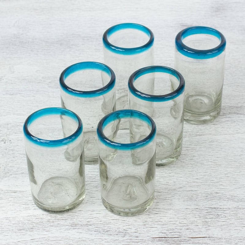 NOVICA Artisan Handblown Recycled Juice Glasses From Mexico Clear Turquoise Blue Tableware Drinkware 'Sky Blue Halos' (set of 6)