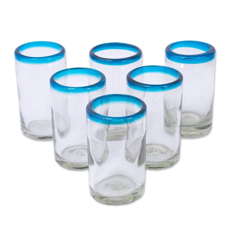 NOVICA Artisan Handblown Recycled Juice Glasses From Mexico Clear Turquoise Blue Tableware Drinkware 'Sky Blue Halos' (set of 6) - 4.3" H x 2.6" Diam. - Set of 6 - Clear