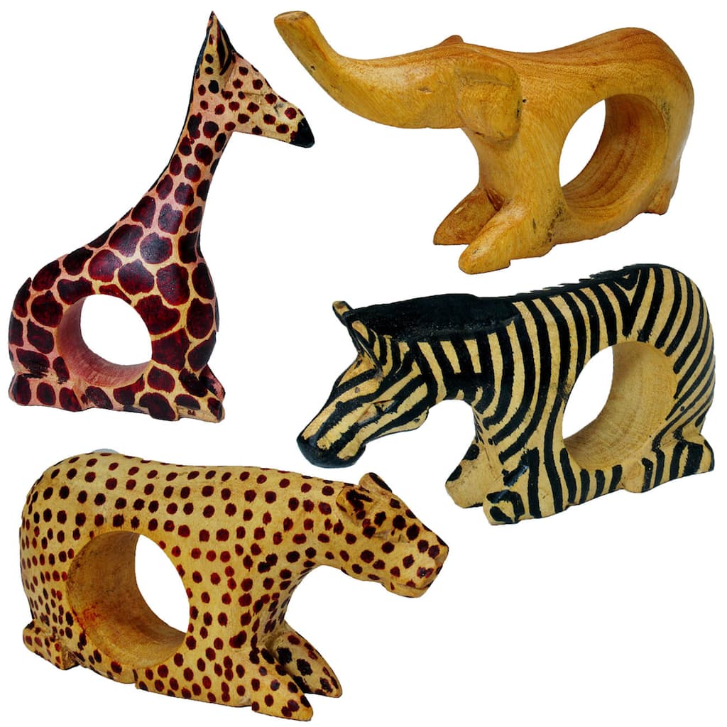 Handmade Set/4 Wooden Napkin rings: Giraffe, Zebra, Elephant, Cheetah (one each) (Kenya)