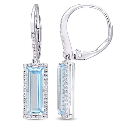 Miadora Sterling Silver Baguette-Cut Sky-Blue Topaz and White Sapphire Halo Dangle Leverback Earrings