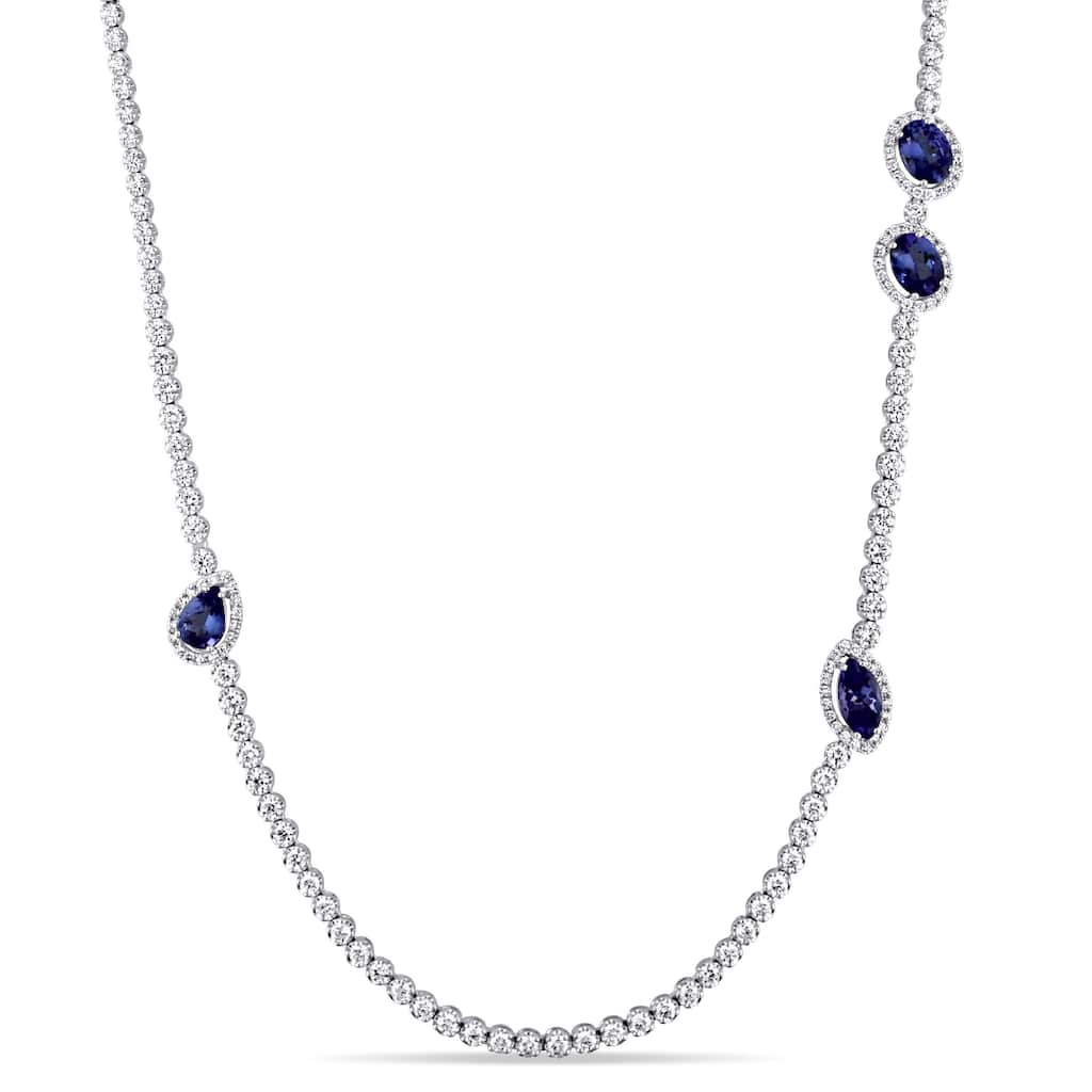 Miadora 18k White Gold 8 1/10ct TDW Diamond and Sapphire Station Strand Necklace (G-H, SI1-SI2) - Blue