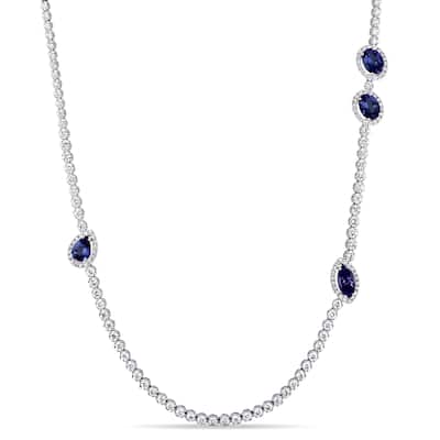 Miadora Signature Collection 18k White Gold 8 1/10ct TDW Diamond and Sapphire Station Strand Necklace (G-H, SI1-SI2) - Blue