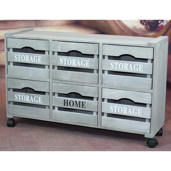 Rustic Gray Cabinet Storage Chest with 6 Crate Style Drawers, Free Optional Rolling Casters Included