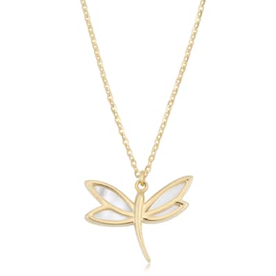 Fremada Italian 14k Yellow Gold and Mother of Pearl Dragonfly Necklace (18 inches)