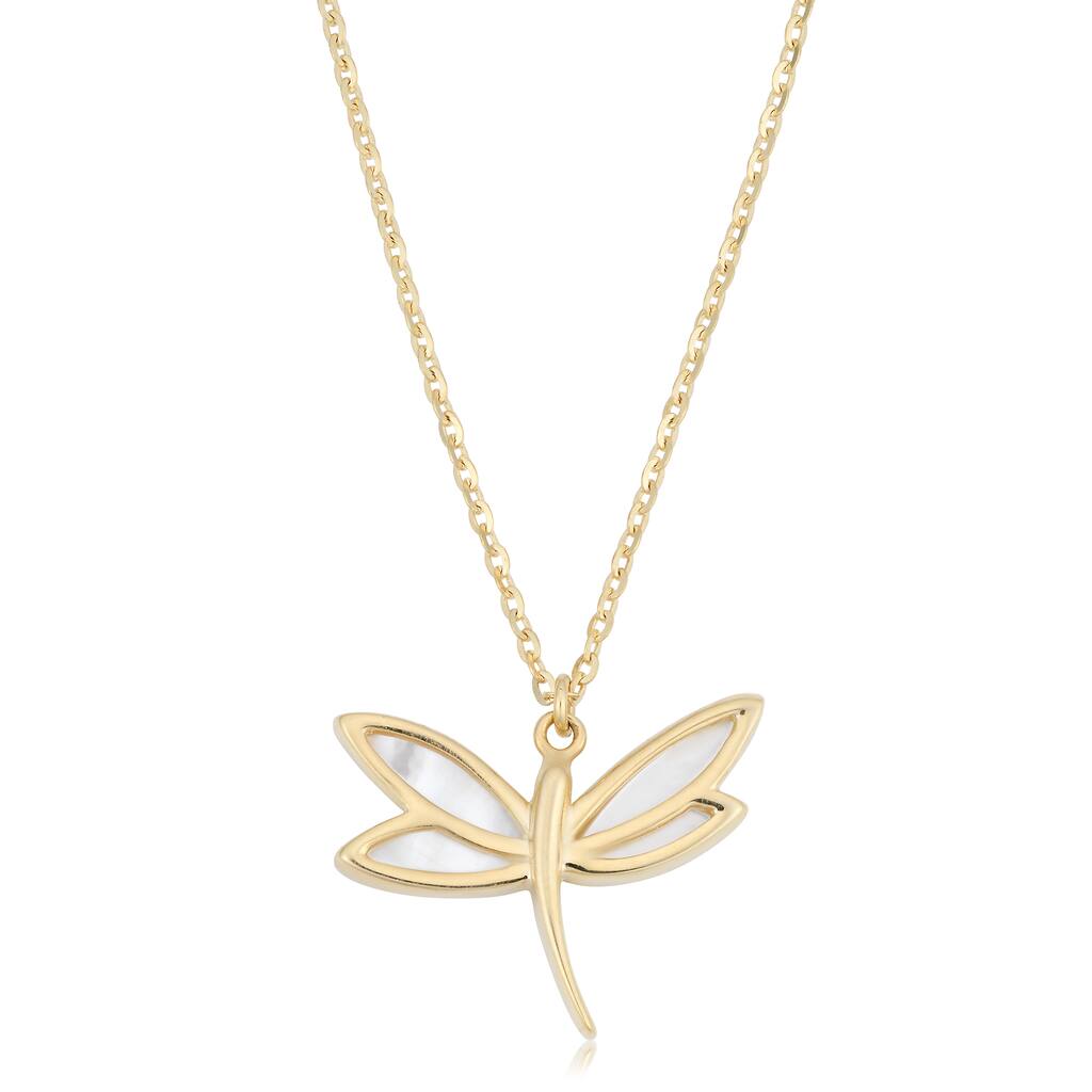Fremada Italian 14k Yellow Gold and Mother of Pearl Dragonfly Necklace (18 inches)