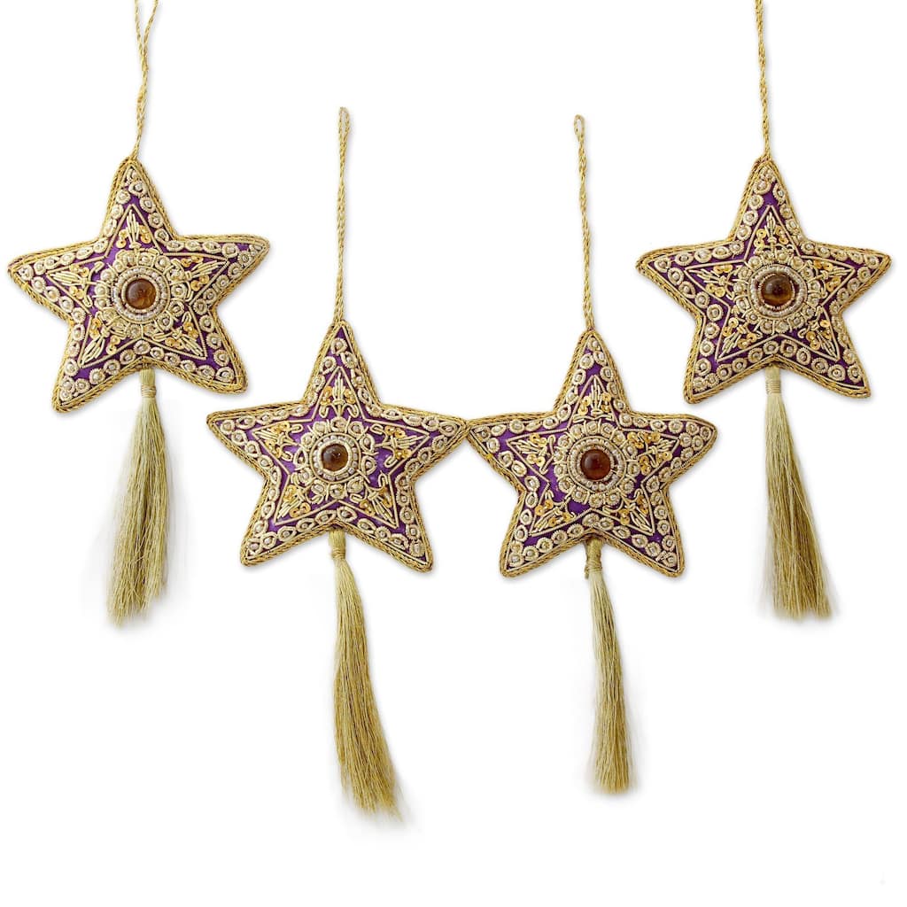 Handmade Set of 4 Beaded Ornaments, 'Purple Star' (India)