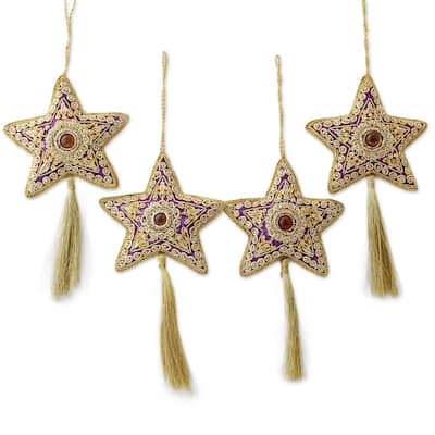 Handmade Set of 4 Beaded Ornaments, 'Purple Star' (India)