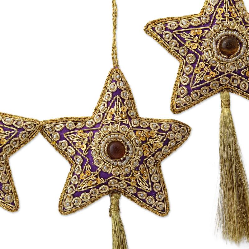 Handmade Set of 4 Beaded Ornaments, 'Purple Star' (India)