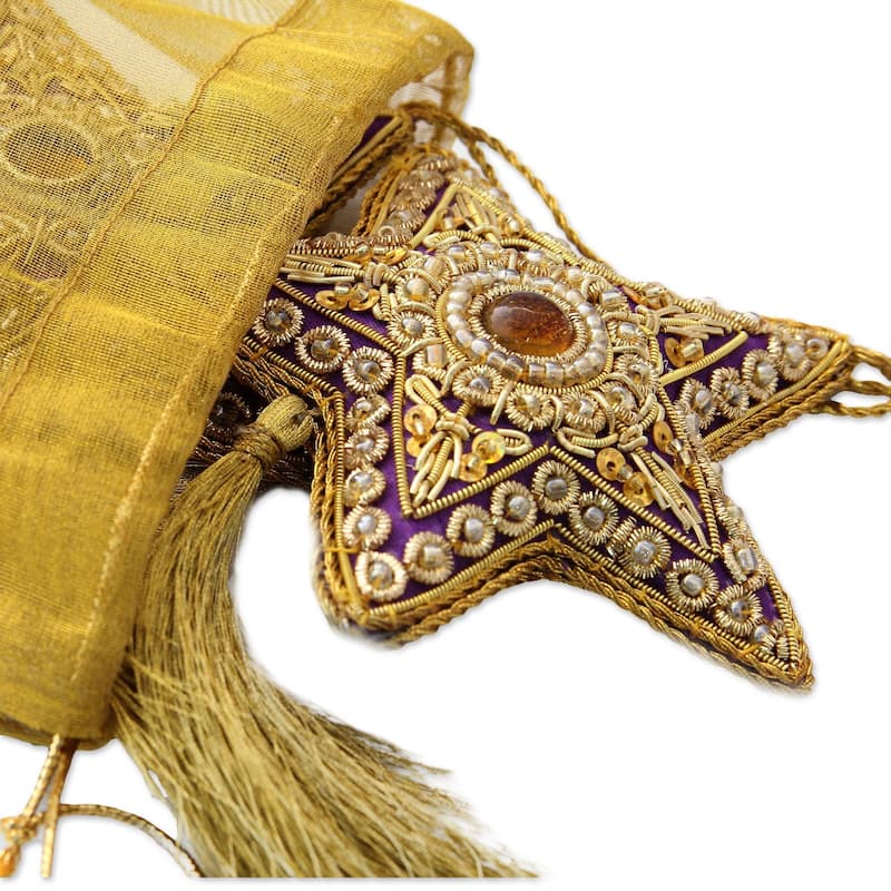 Handmade Set of 4 Beaded Ornaments, 'Purple Star' (India)