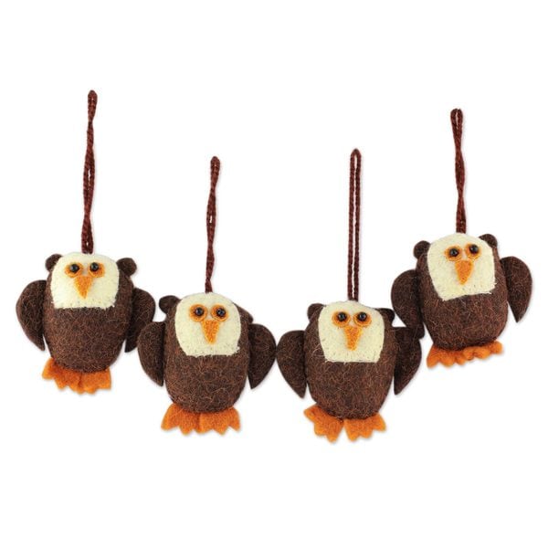 Handmade Set of 4 Wool Ornaments, 'Solemn Brown Owls' (India)