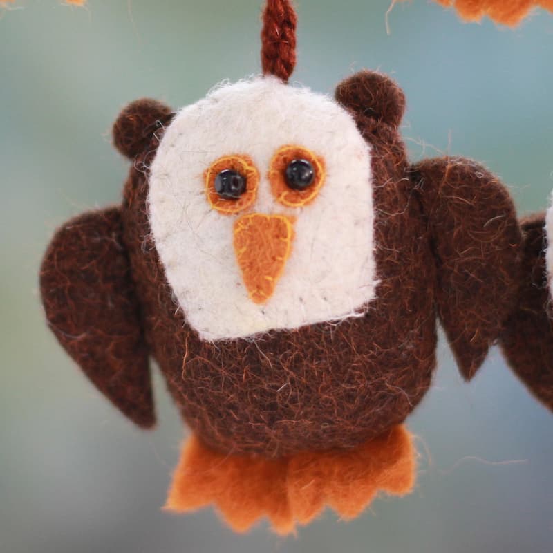 NOVICA Handmade Set of 4 Wool Ornaments, 'Solemn Brown Owls' (India)